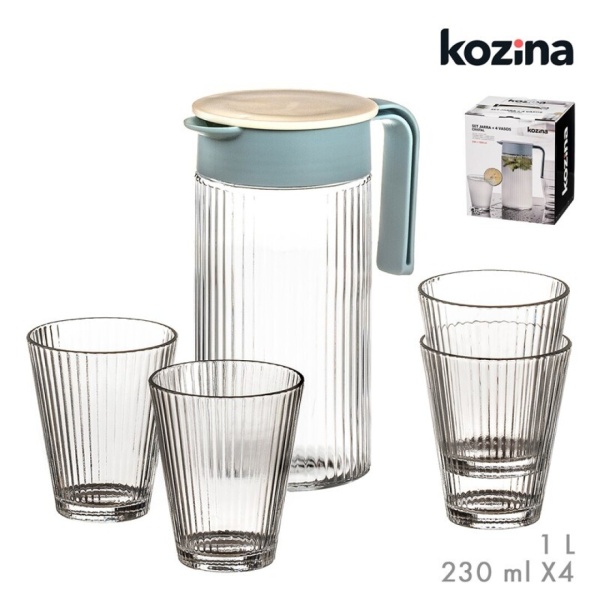 Set jarra 1 L + 4 Vasos cristal rayas